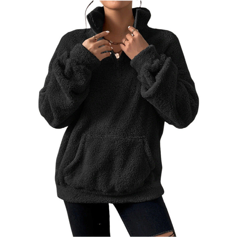 Ladies Fluffy Teddy Pullover with Half Zip and Kangaroo Pocket Ivyshape