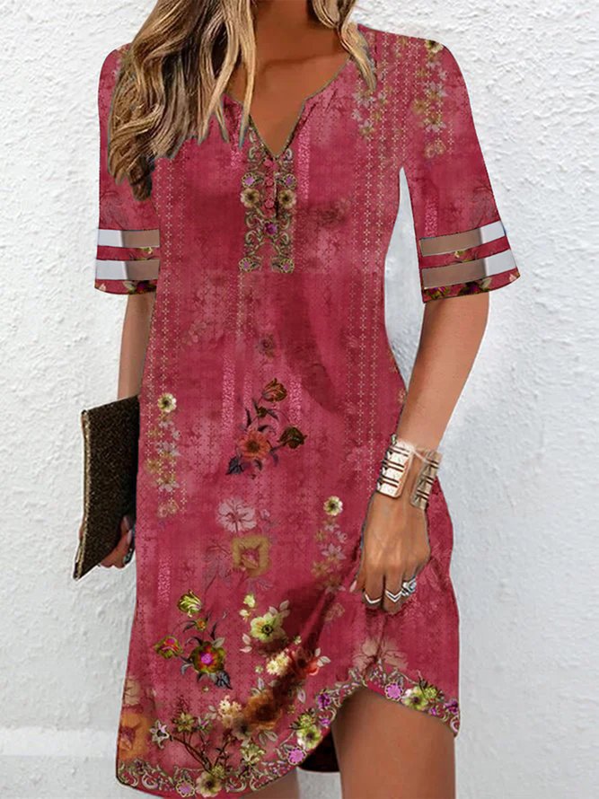 Women's short dress with floral pattern and V-neck Ivyshape