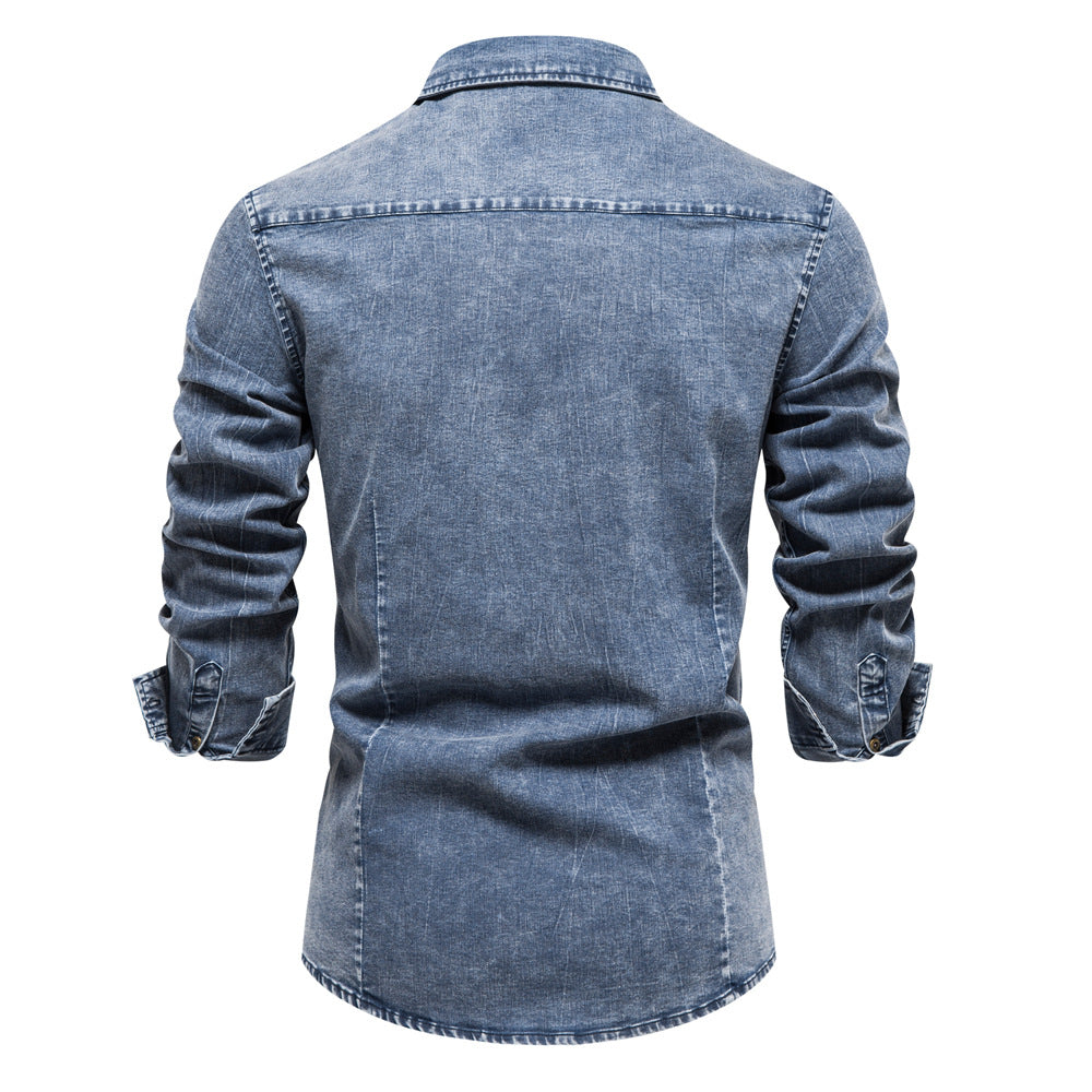 Men's denim shirt blouse with two chest pockets and tasteful embroidery Ivyshape