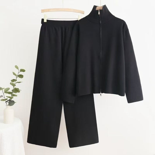 IvyShape | High Collar Wide Leg Pants Knit Suit