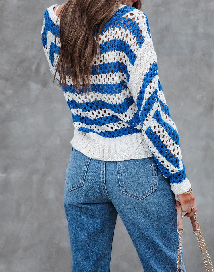 IvyShape | Loose Striped Hollow Knitted Sweater