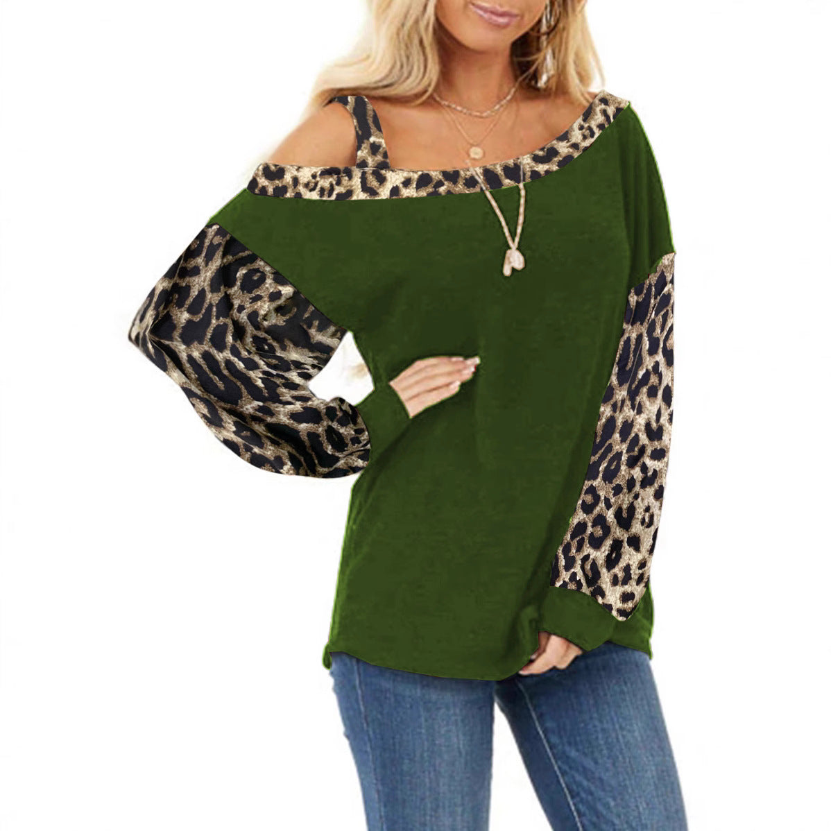 Women's casual top with off-shoulder design and trendy animal print sleeves Ivyshape