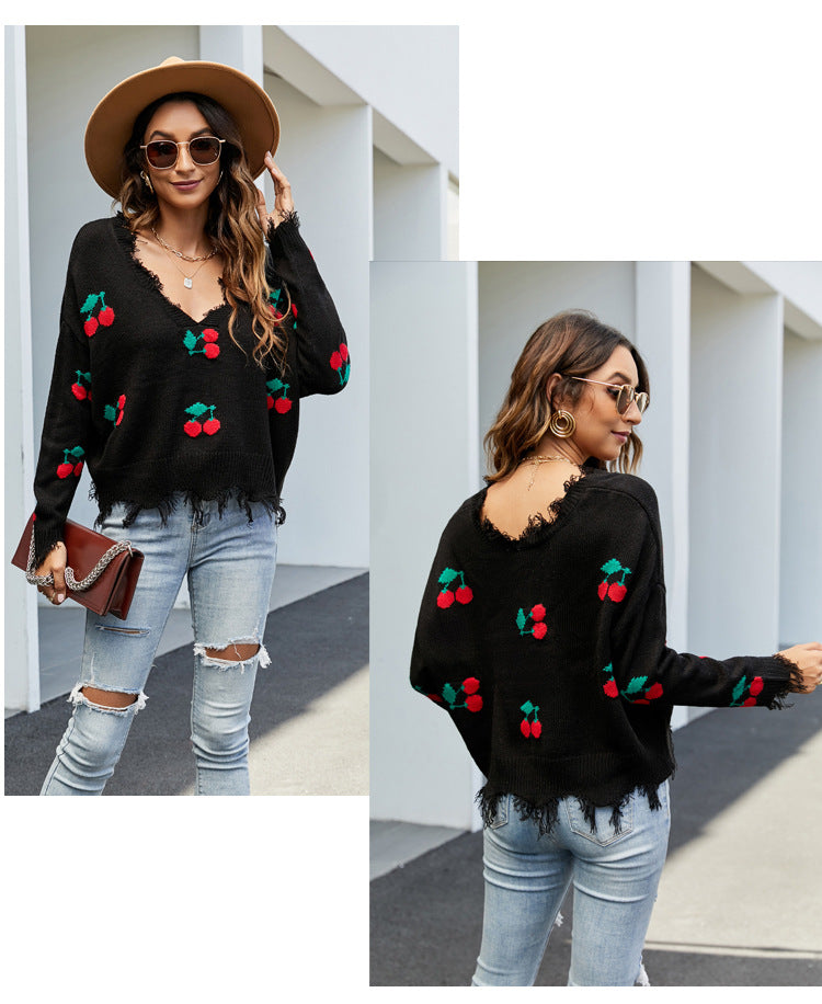 IvyShape | V-neck fringe sweater