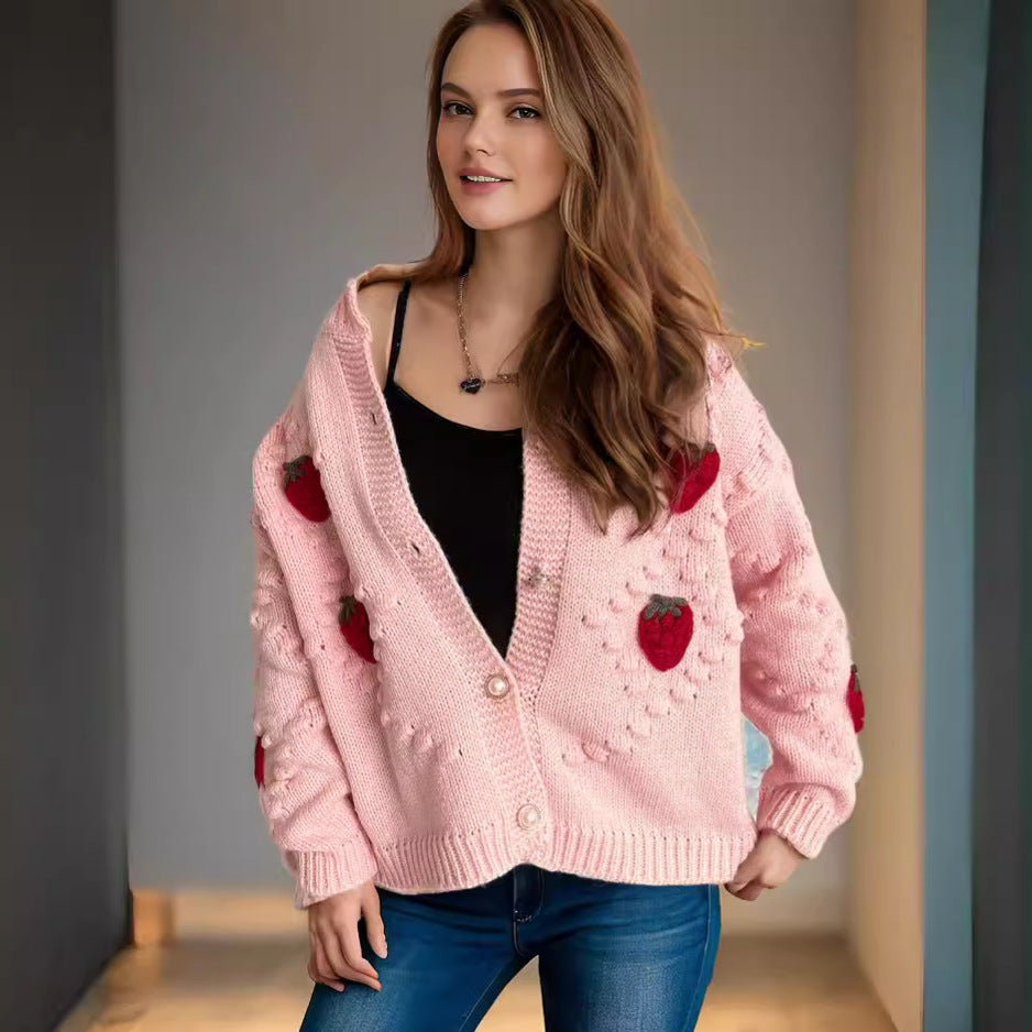 Women's cardigan with playful strawberry motif and button details Ivyshape