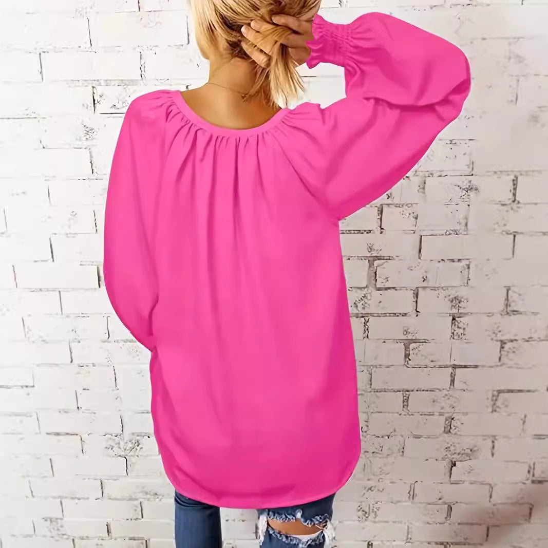 Women Elegant V-Neck Blouse with Puff Sleeves Ivyshape