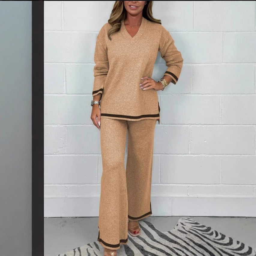 IvyShape | Solid Color Knitted Long Sleeve Pants Set