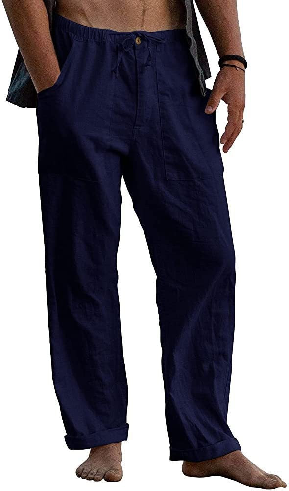 Men's Relaxed Fit Linen Pants with Elastic Waistband and Practical Pockets Ivyshape
