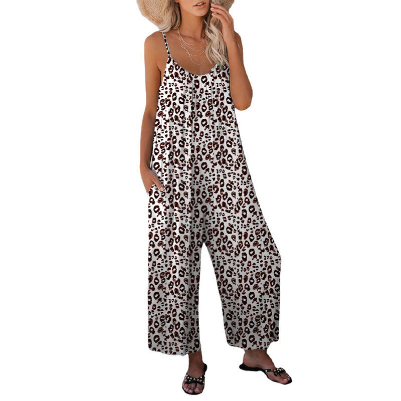 IvyShape | Leopard Print Pocket Loose Strap One-Piece Jumpsuit