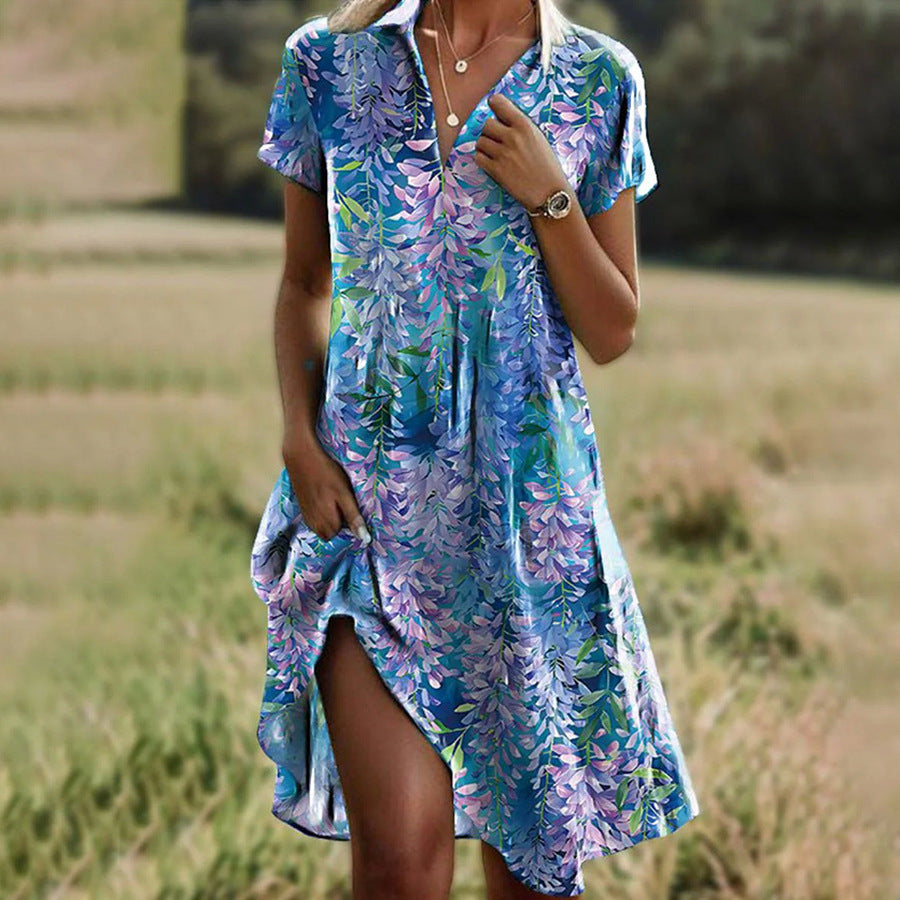 Women's Fresh Flower Shirt Dress with Button Closure and Casual Cut Ivyshape