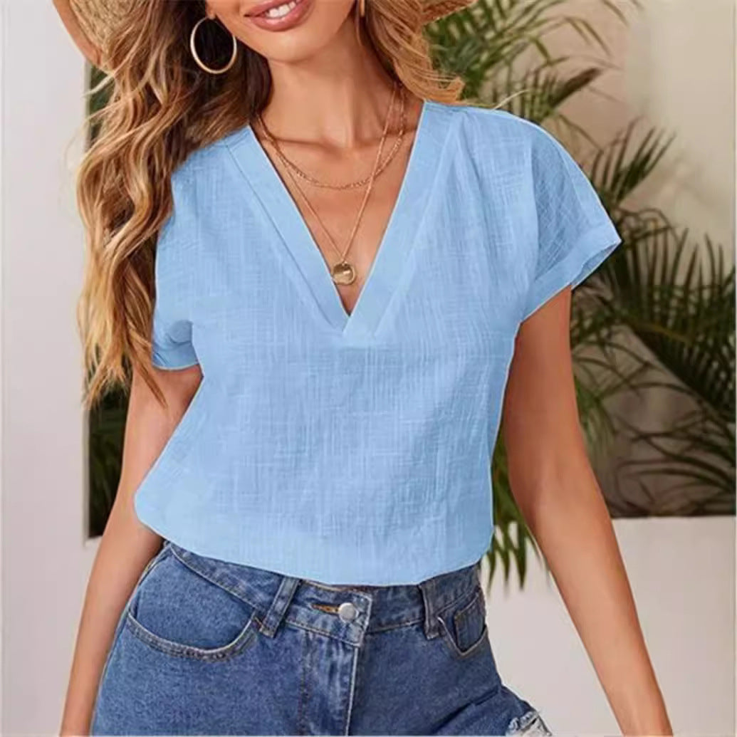 Women loose V-neck summer top with short sleeves Ivyshape