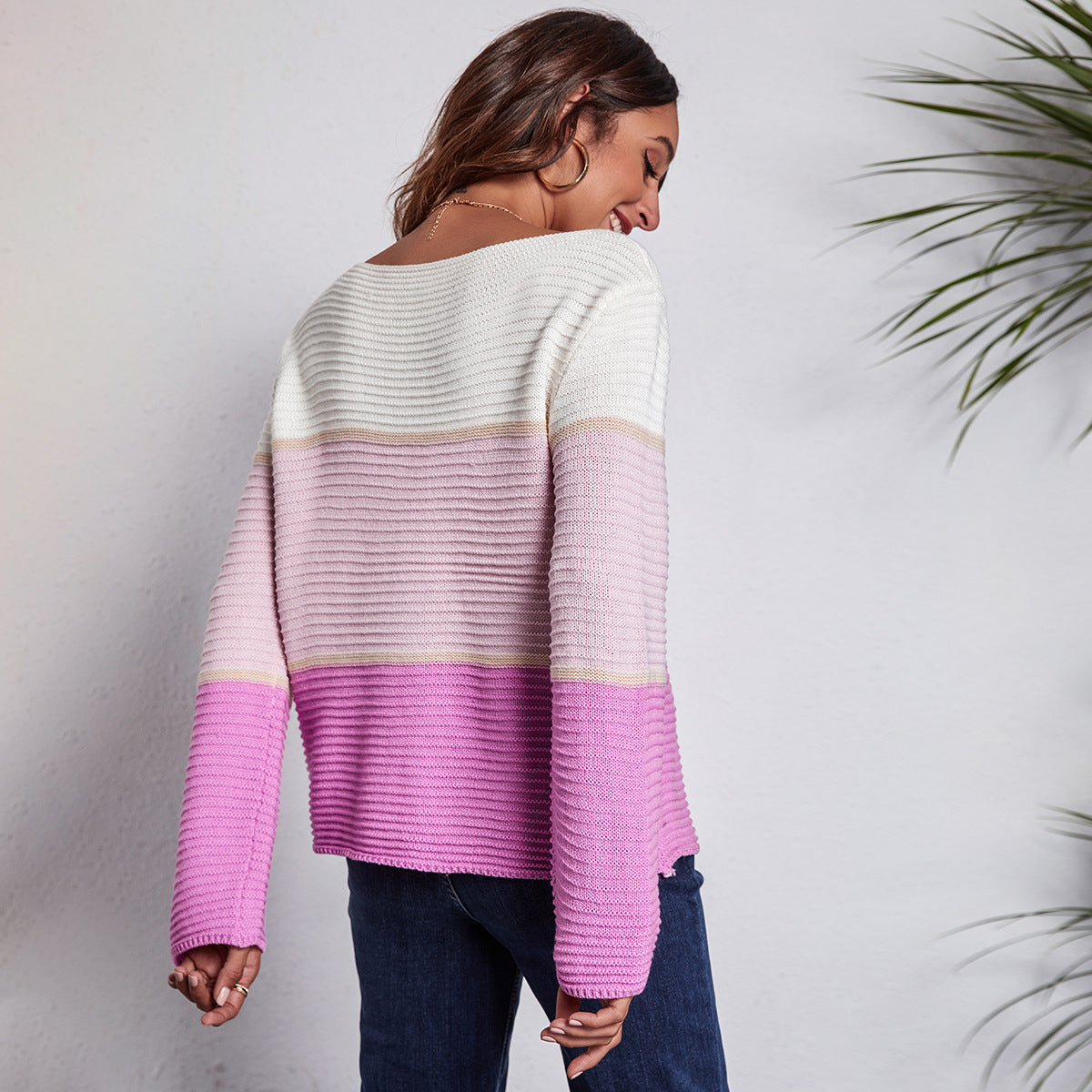Women's Off-Shoulder Knit Sweater with Modern Color Block Design Ivyshape