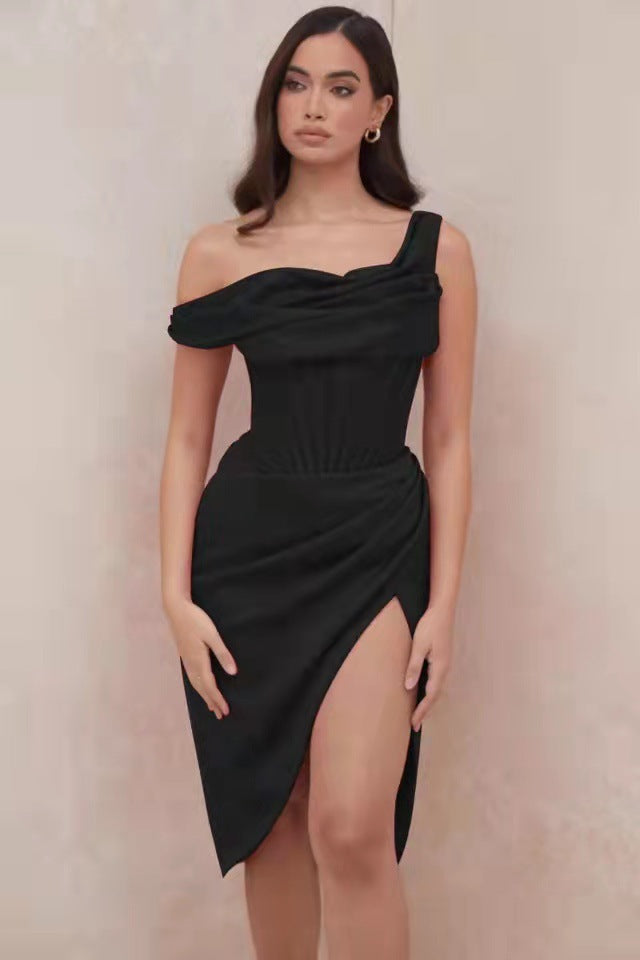 Women Figure-flattering Cocktail Dress with Asymmetrical Cut and High Slit Ivyshape