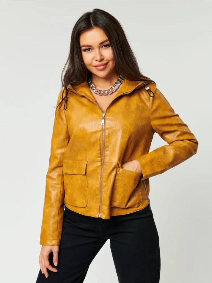 Women Faux Leather Jacket with Attached Hoodie and Practical Pockets Ivyshape
