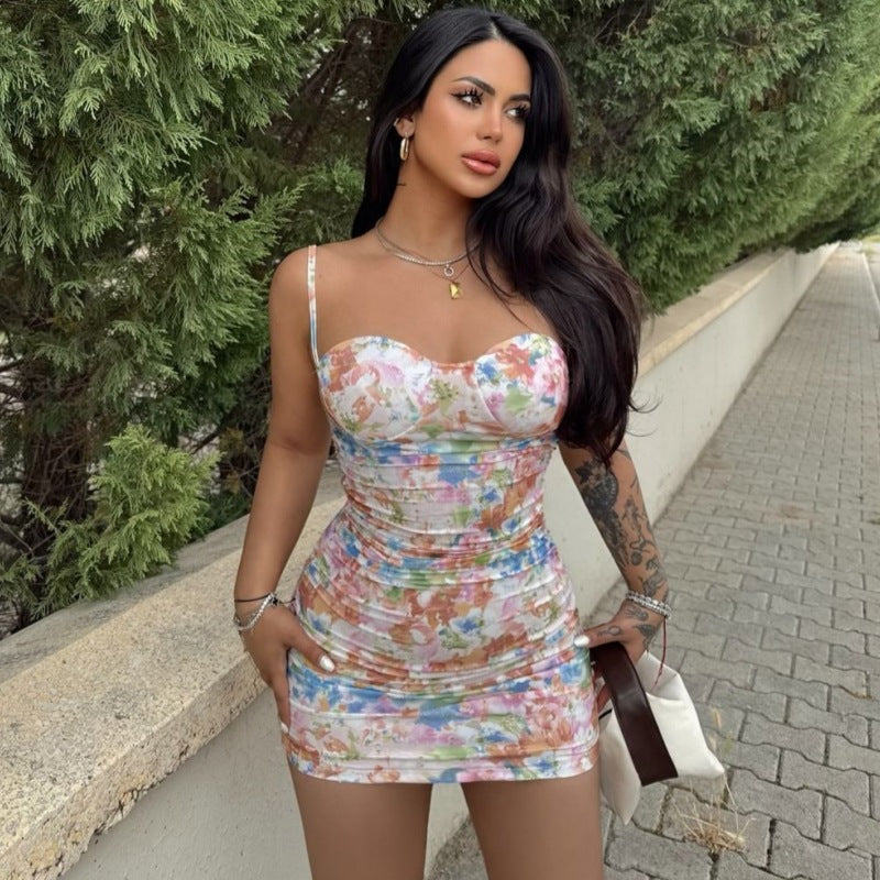 Women Figure-hugging Floral Pattern Minidress with Ruching Ivyshape