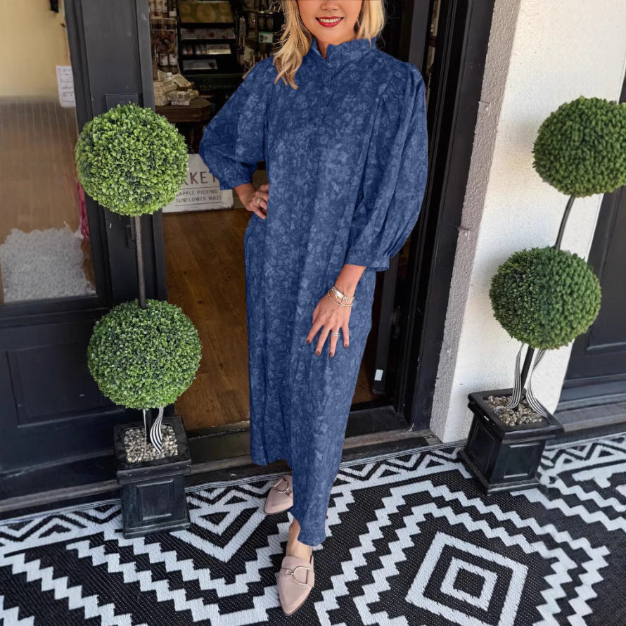 Women Elegant Maxi Dress with Stand Collar and Wide Sleeves Ivyshape