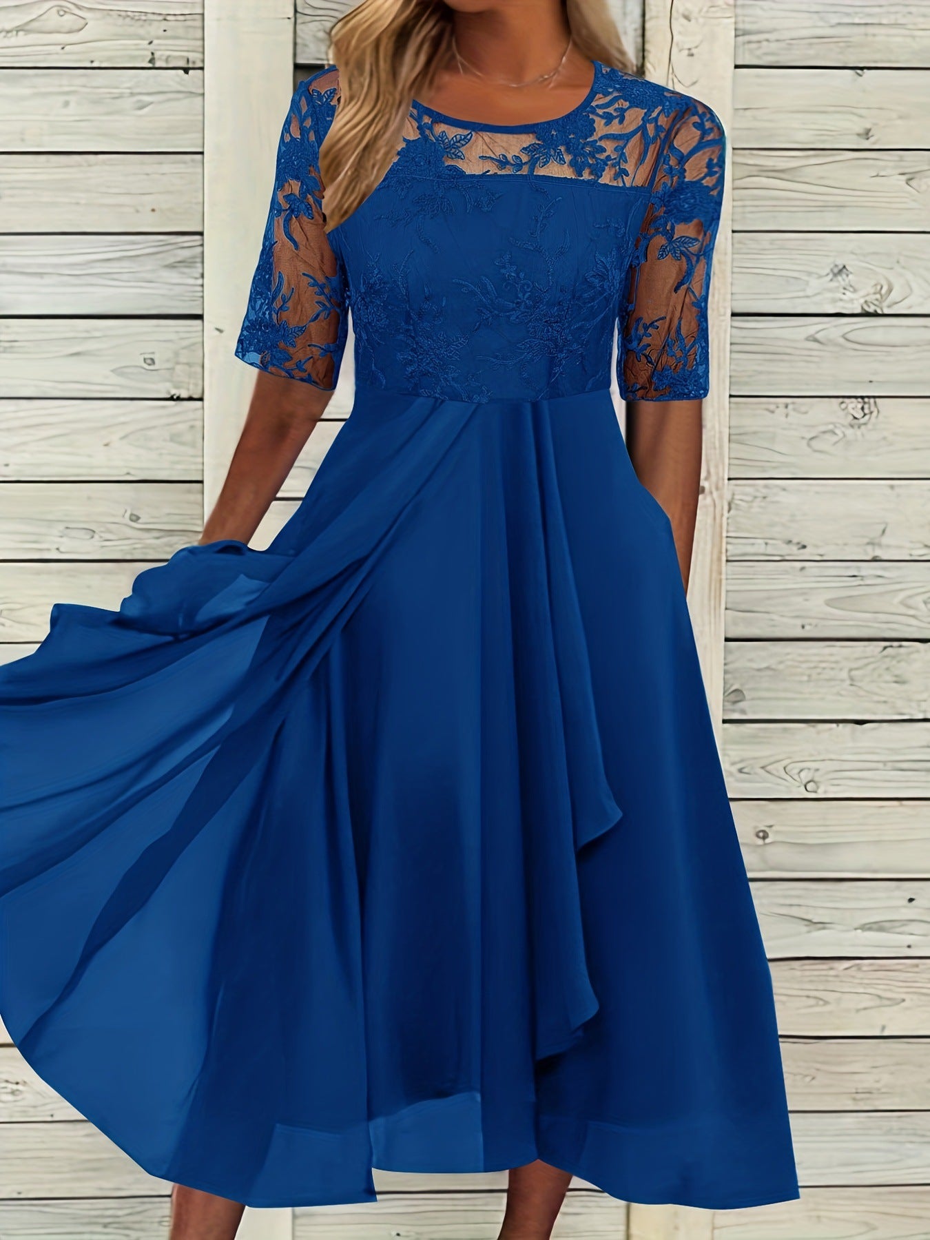 Women Elegant Midi Dress with Lace Sleeves and Swing Skirt Ivyshape