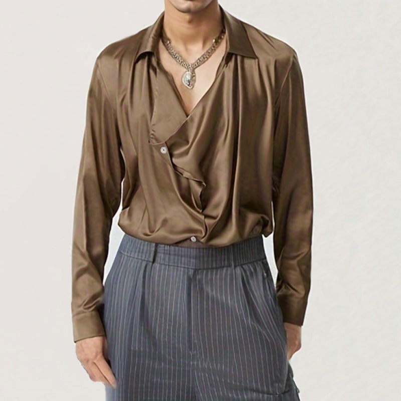 Men's Elegant Long Sleeve Shirt with Draped Button Placket and Silky Finish Ivyshape