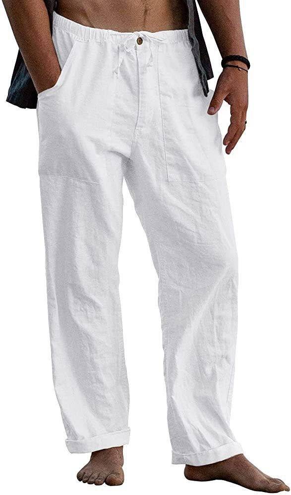Men's Relaxed Fit Linen Pants with Elastic Waistband and Practical Pockets Ivyshape