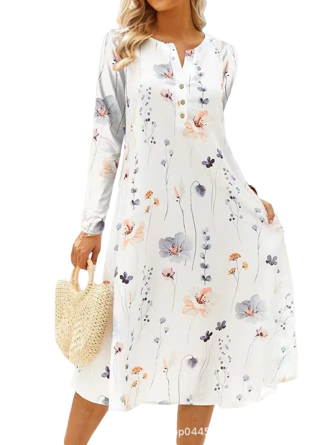 IvyShape | Printed V-Neck Button Long Sleeve Dress