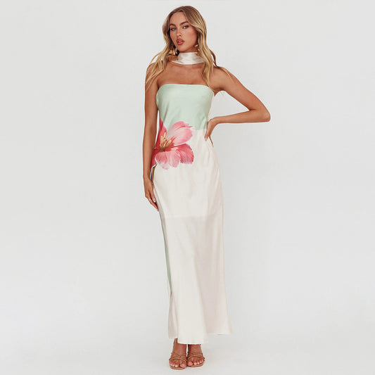 Women Elegant Strapless Maxi Dress with Floral Design and Tailored Cut Ivyshape