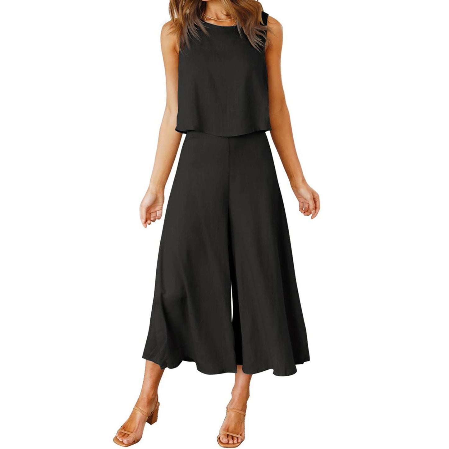 Ladies elegant jumpsuit with wide leg and chic cropped top Ivyshape