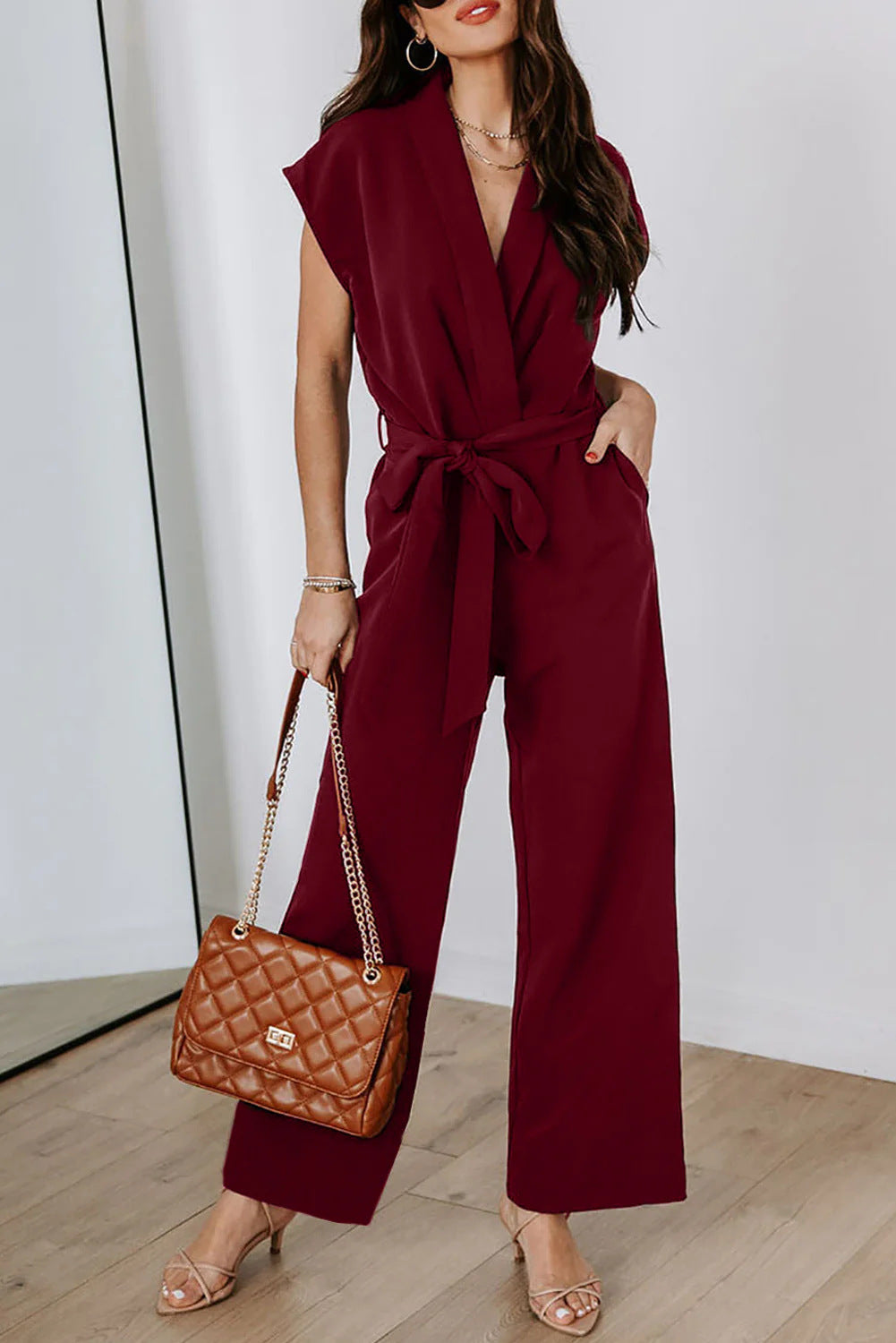 Ladies Elegant Belted Wide Leg Jumpsuit Ivyshape