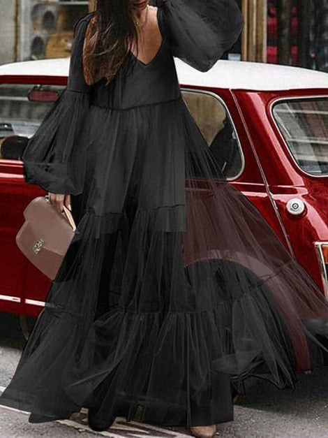 IvyShape | Puff Sleeve Tulle Sheer Long Skirt Dress