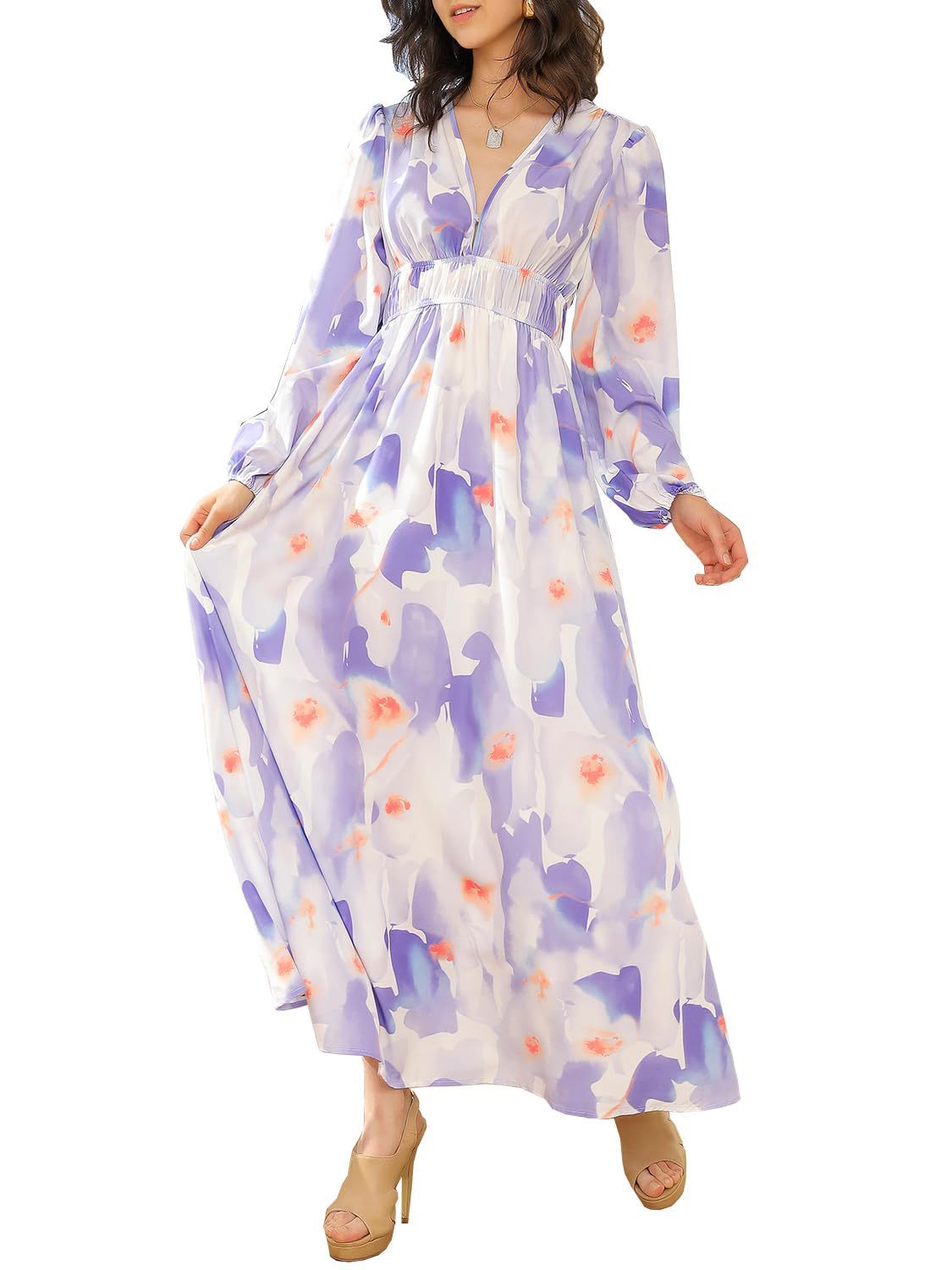 Ivyshape | Women’s Printed V-Neck Long Sleeve Summer Maxi Dress