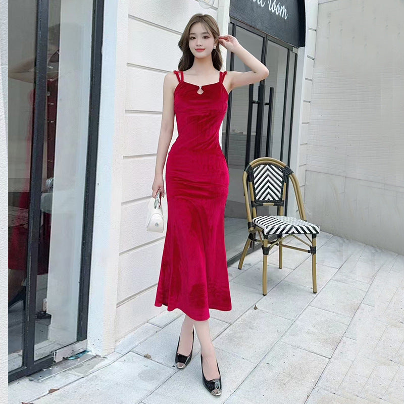 IvyShape | Velvet-Dress Sexy Off-Shoulder Velvet Strap Dress