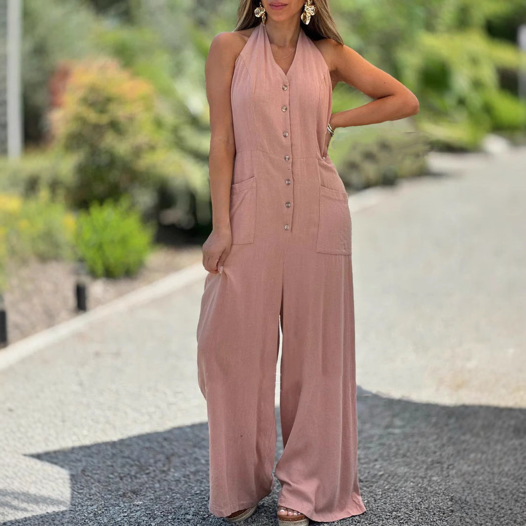 IvyShape | Backless Sleeveless Loose Cotton Linen Tie Jumpsuit