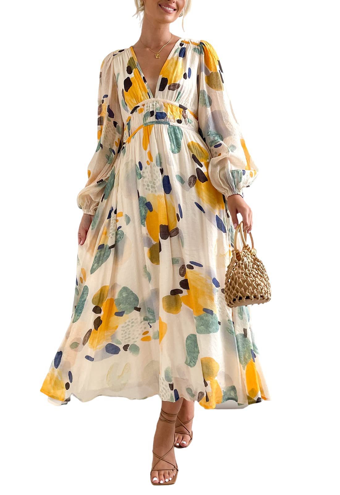 Ivyshape | Women’s Printed V-Neck Long Sleeve Summer Maxi Dress