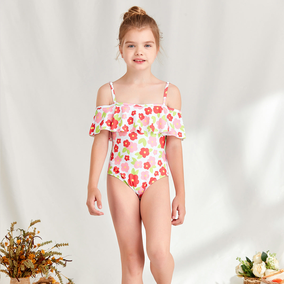 Women's One-Piece Swimsuit with Off-Shoulder Design and Floral Ruffle Elements Ivyshape