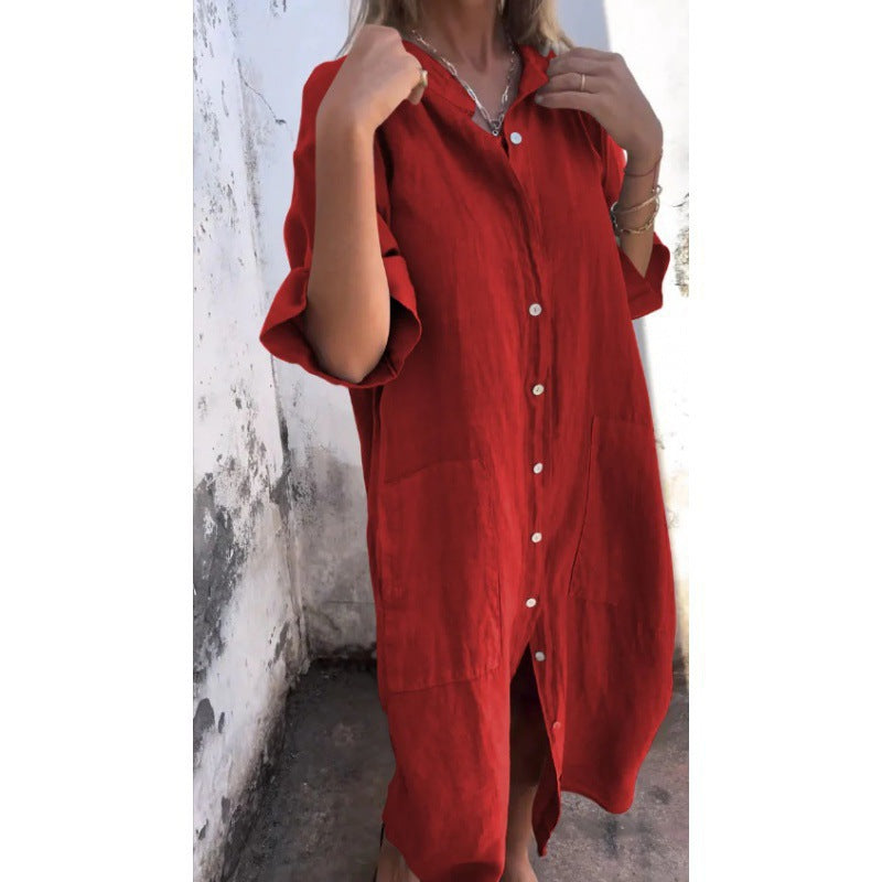 IvyShape | Casual Three-Quarter Sleeve Cotton Linen Shirt Dress