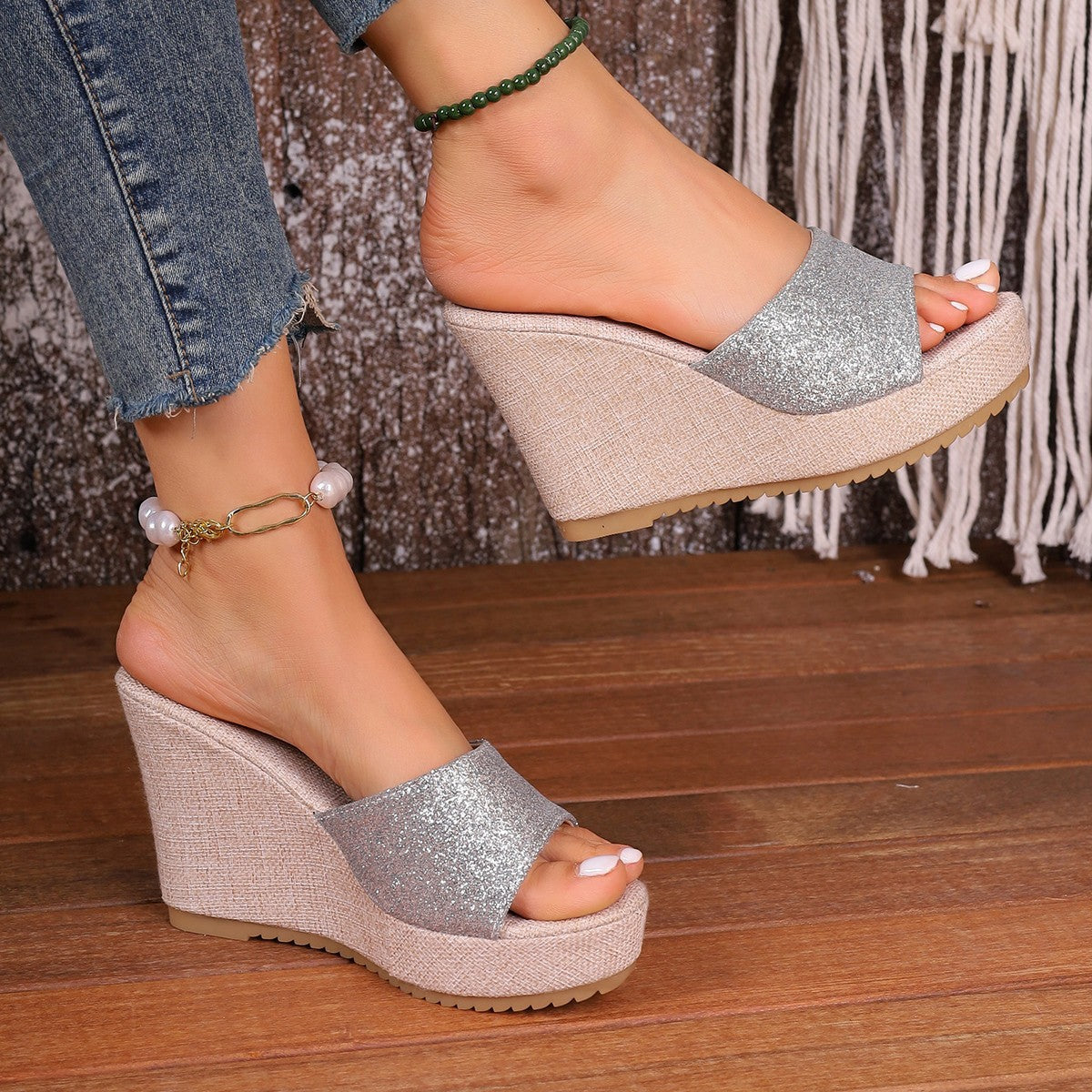 Ladies Wedge Slides with Glitter and Non-Slip Sole Ivyshape