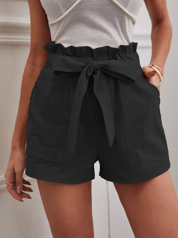 Women's elegant linen shorts with tie belt and wide waistband Ivyshape