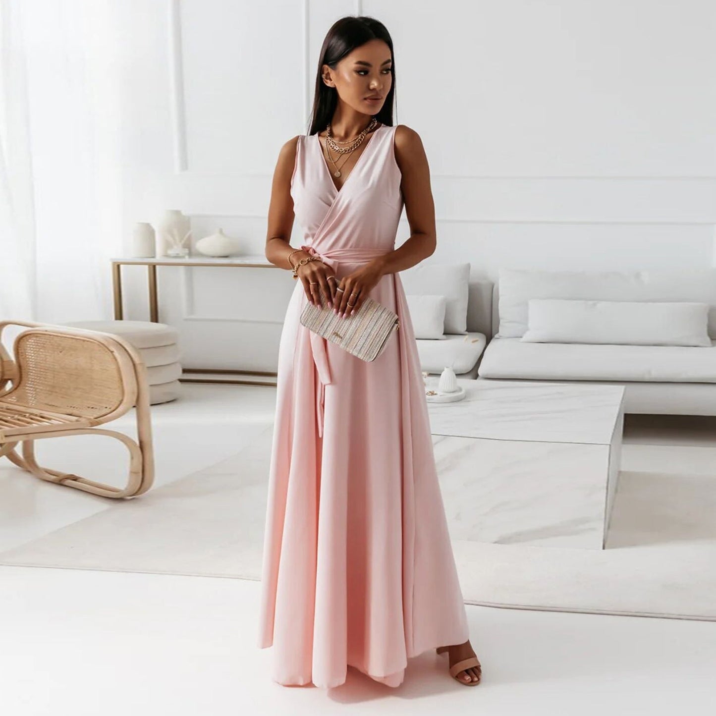 IvyShape | Comfortable Solid Color V Neck Evening Long Dress