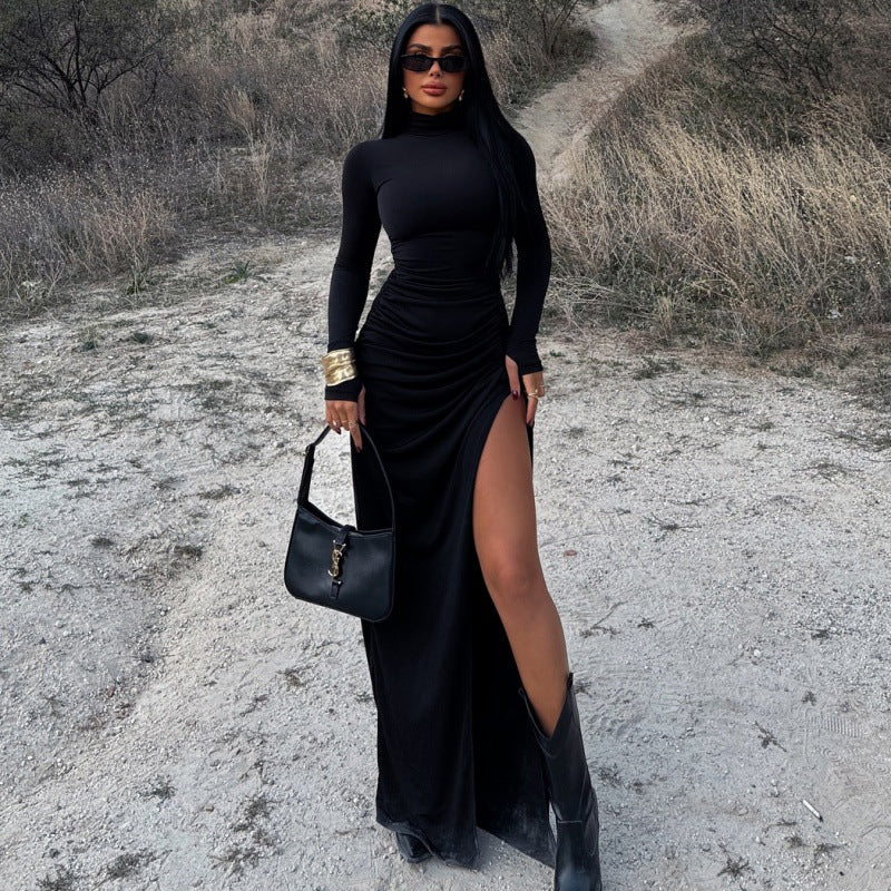 Ladies Elegant Long Sleeve Dress with Figure-Enhancing Ruffle Design and High Slit Ivyshape