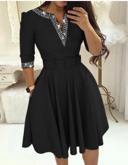 Women Elegant Wrap Dress with Grid Pattern and Waist Belt Ivyshape