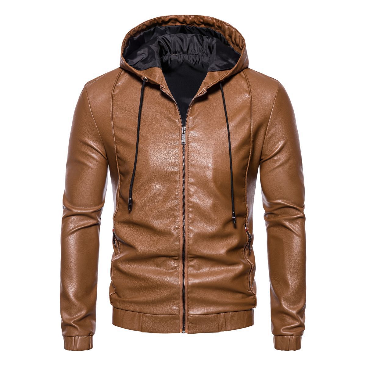 Men's synthetic leather jacket with practical hood design and sporty details Ivyshape
