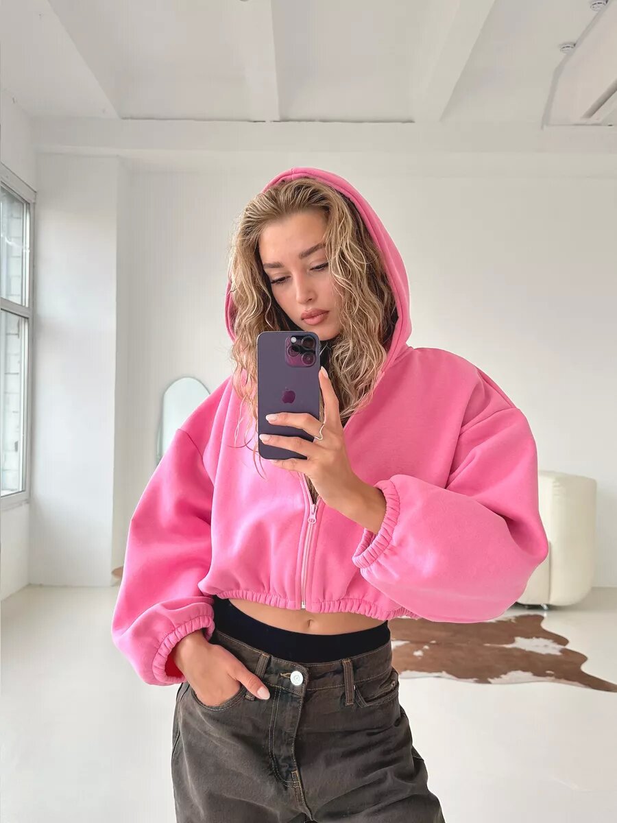 Women's cropped hoodie with oversized sleeves Ivyshape