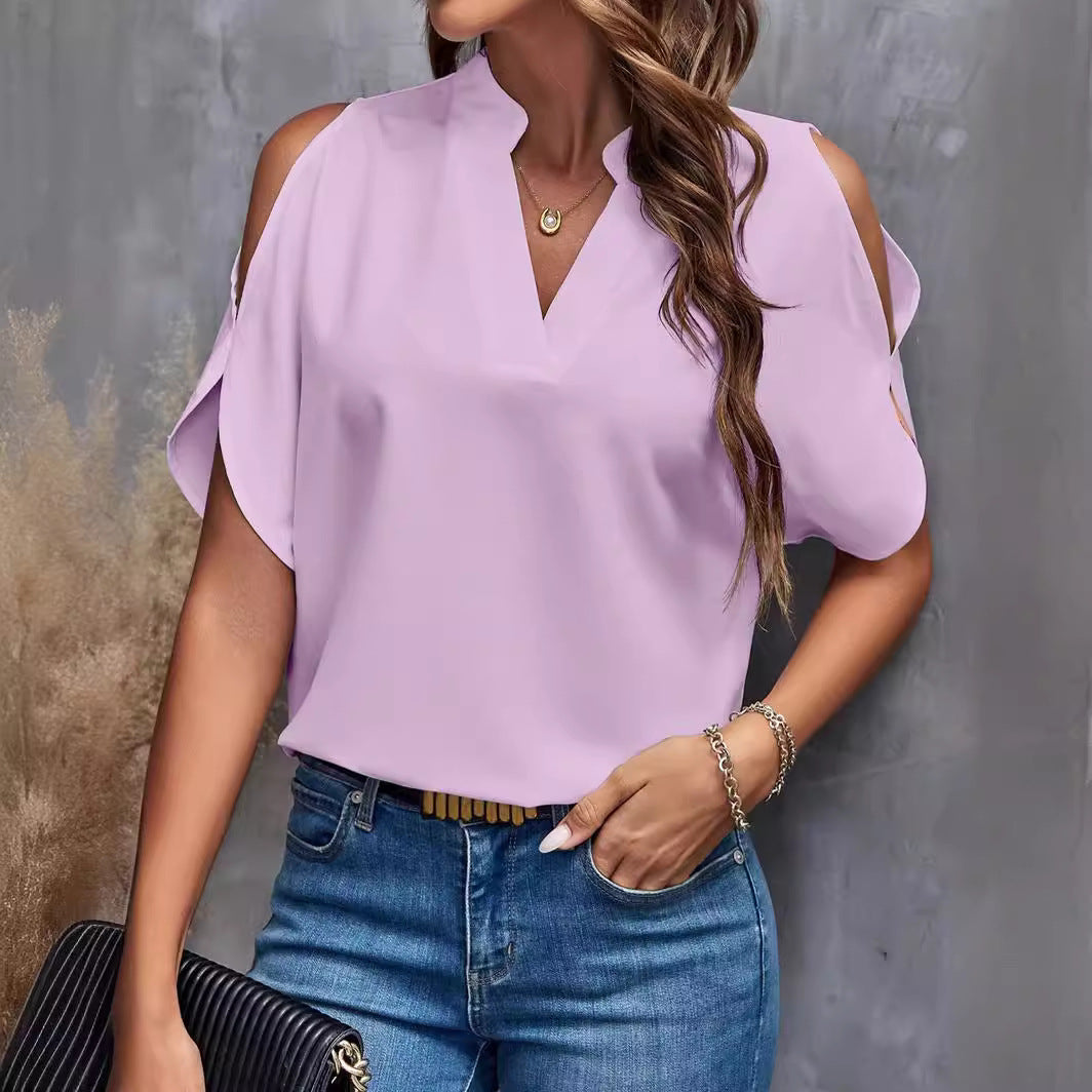 Ladies blouse with cut-out sleeves and elegant stand-up collar Ivyshape
