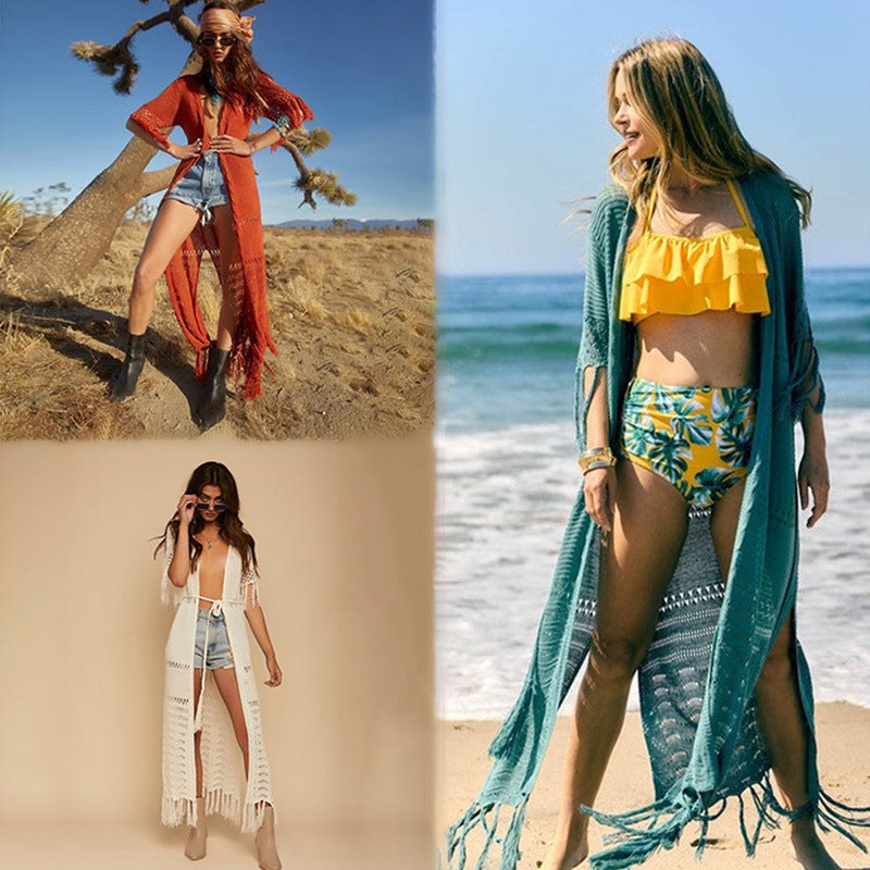 Women’s Crochet Beach Cover-Up Robe with Fringed Details Ivyshape