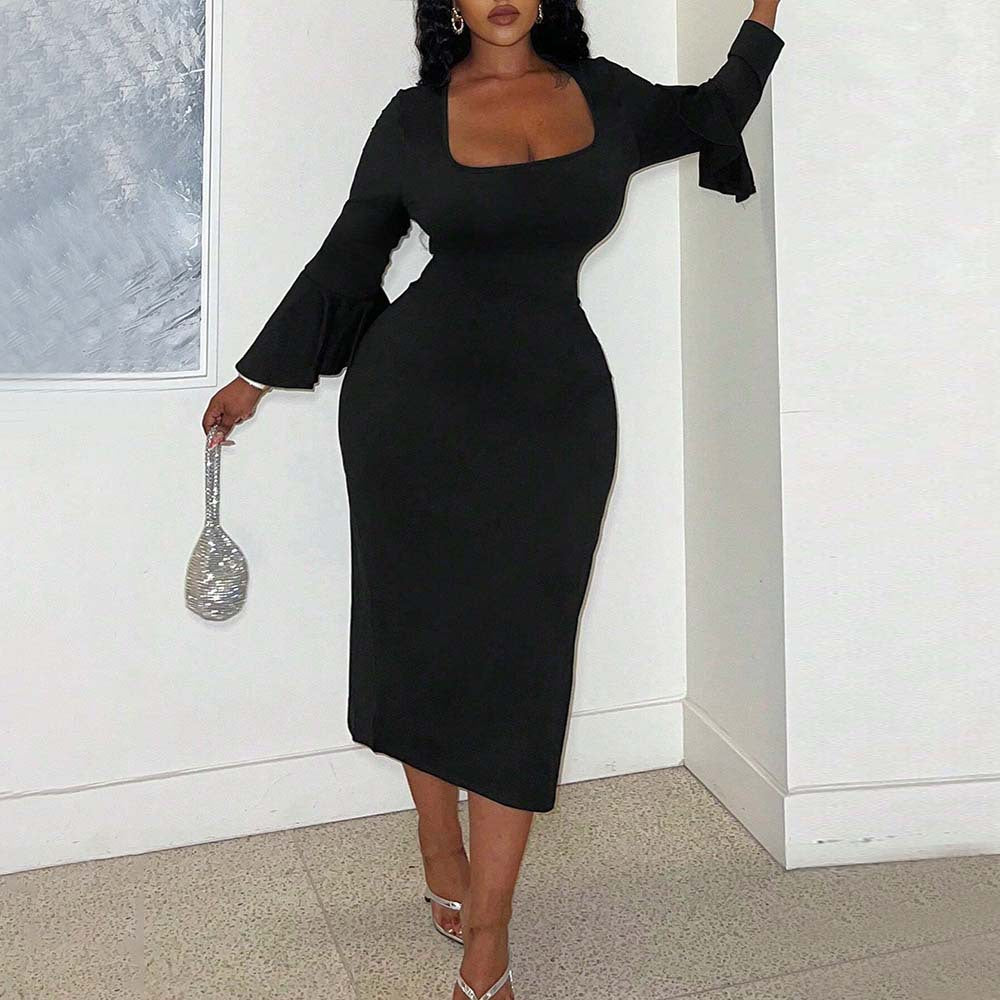 Women's fitted maxi dress with stylish square neckline and bell sleeves Ivyshape