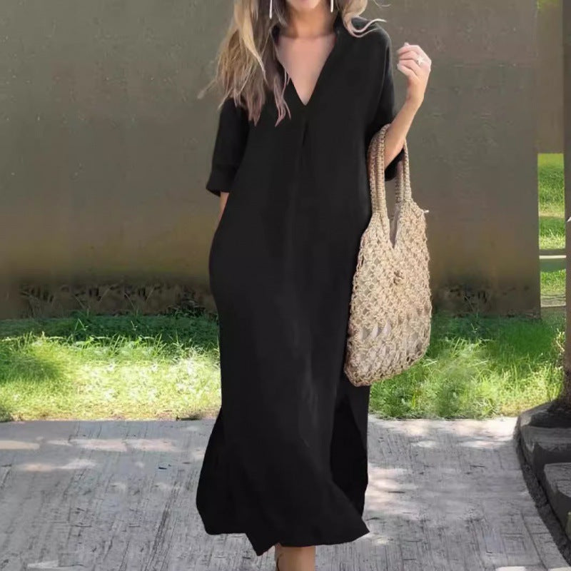 Women's Casual Maxi Dress with V-Neck and Practical Side Slits Ivyshape