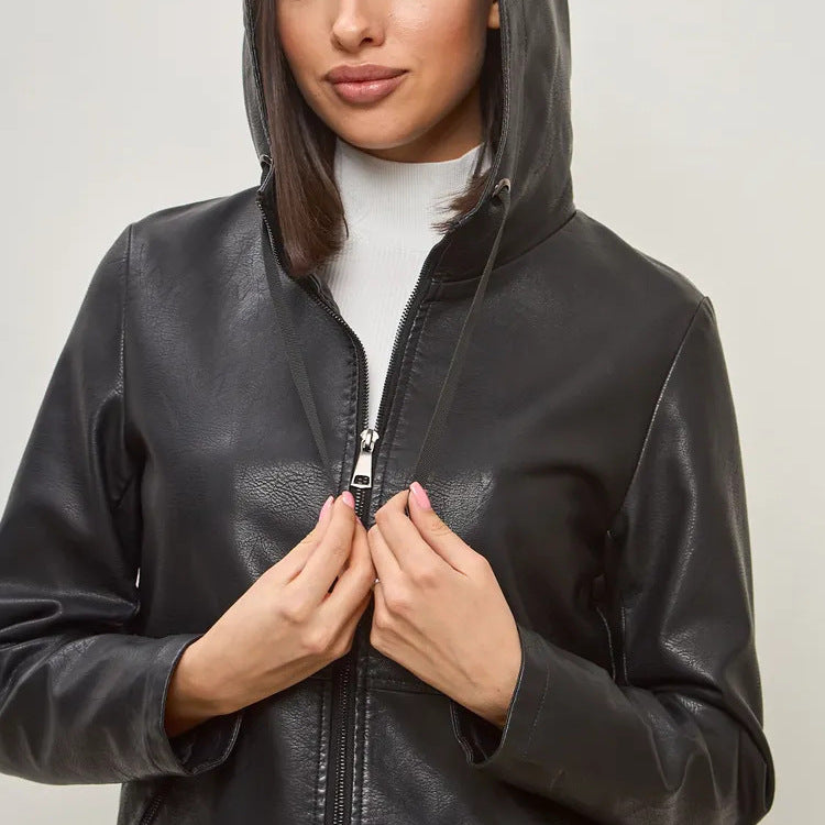 Women's fashionable faux leather jacket with hood and zip pockets Ivyshape