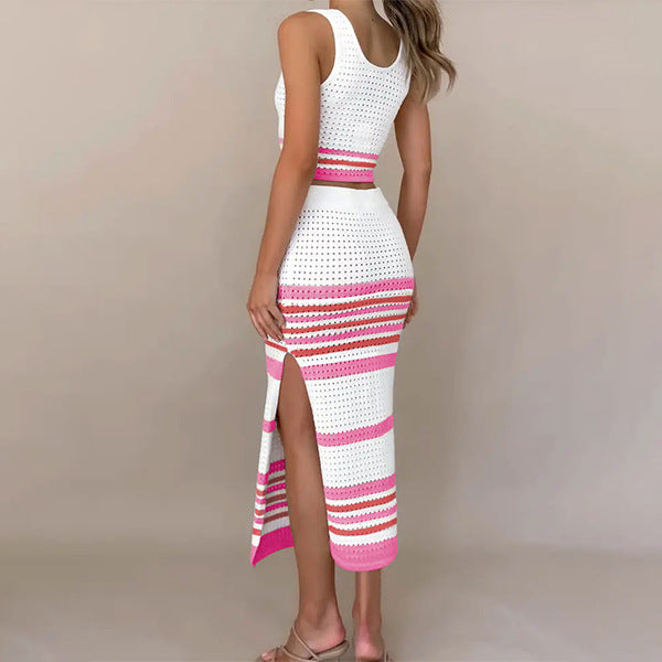 IvyShape | Color-blocked striped top and tank dress set