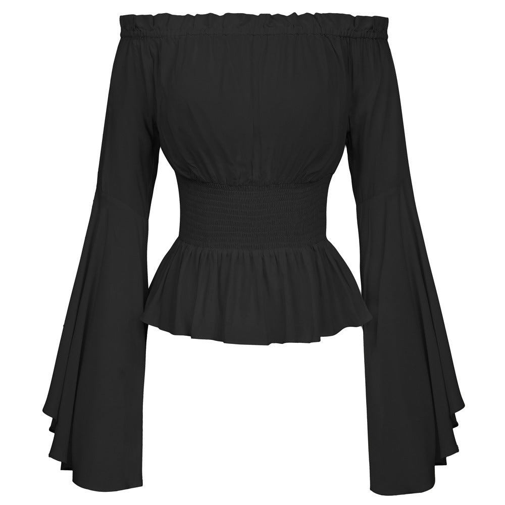 Women Off-Shoulder Top with Elegant Bell Sleeves and Elastic Waist Ivyshape