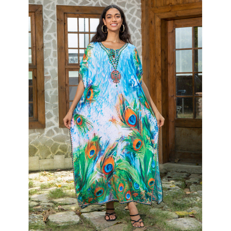 Women's beach kaftan with artistic peacock motif and fine details Ivyshape