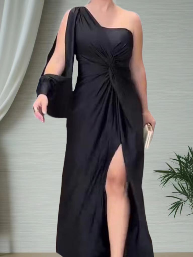 Women Elegant Wrap Dress with Asymmetrical Neckline and Side Slit Ivyshape