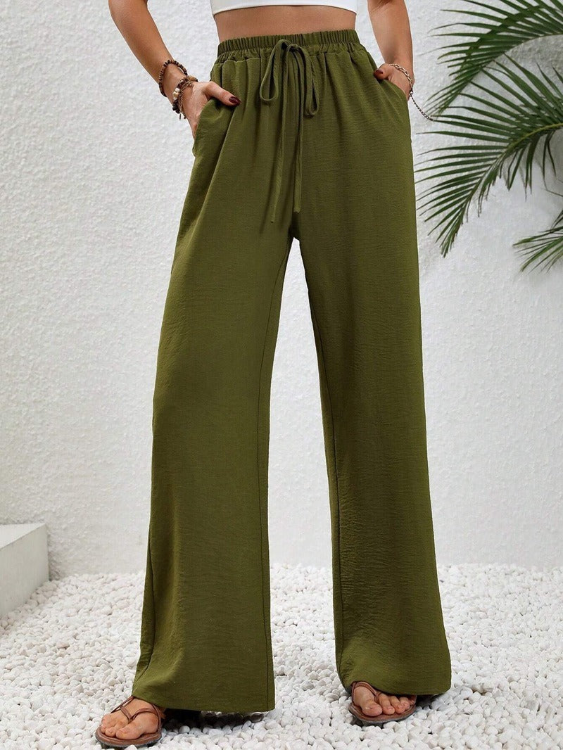 Women's Relaxed Palazzo Pants with Elastic Waistband and Side Pockets Ivyshape